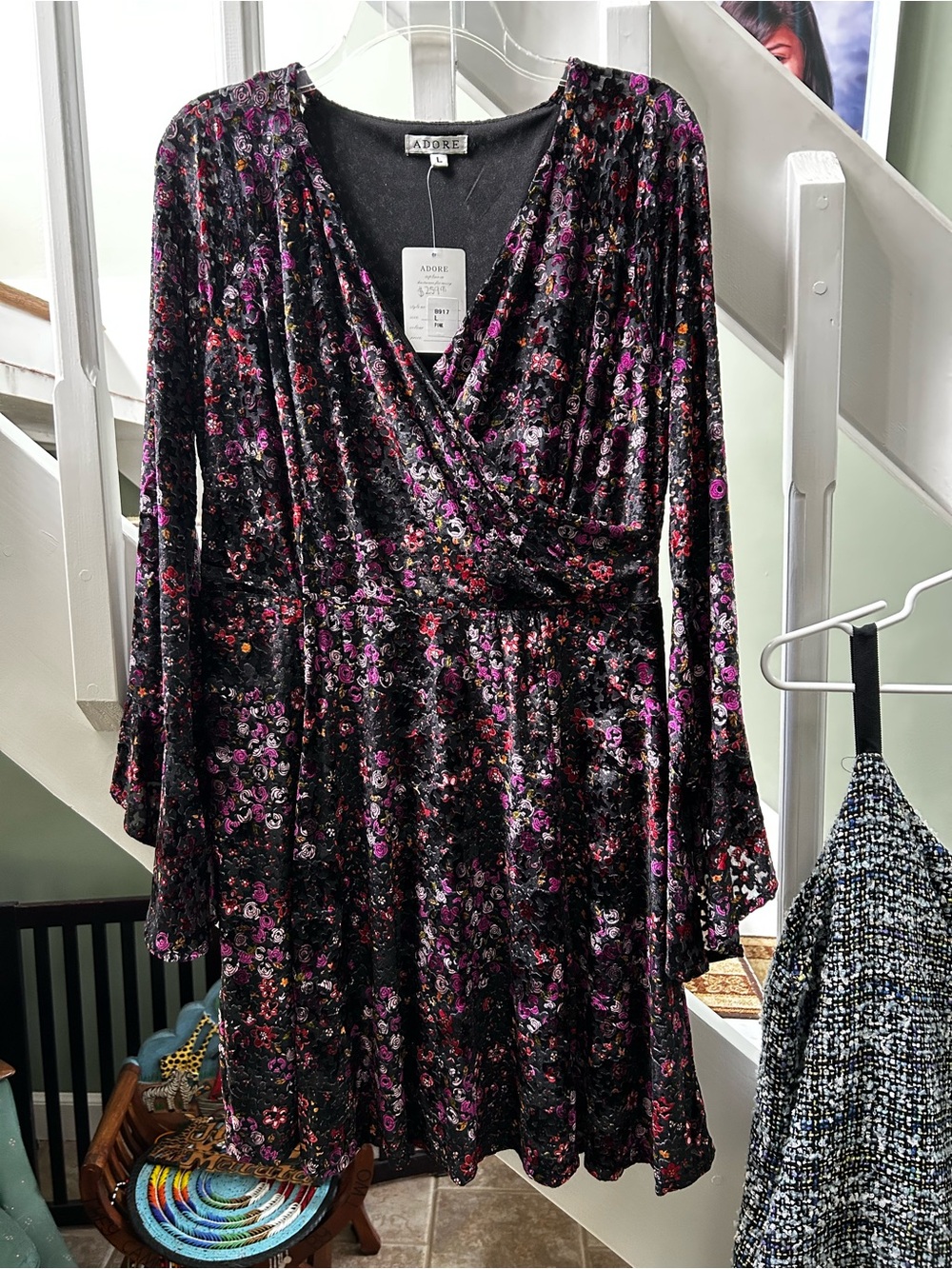 Adore Black Velvet Floral Wrap Dress with Pink and Purple Accents
